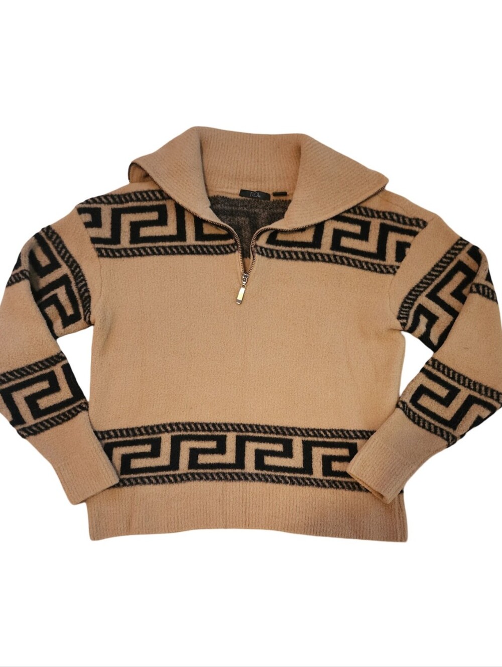 RDI Tan Geometric Greek Key Quarter Half Zip Sweater Size Small